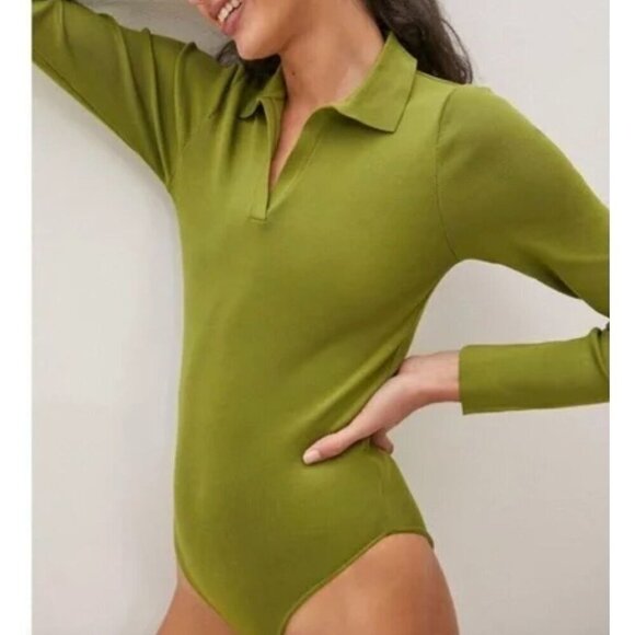 Anthropologie Arden Collared Ribbed Bodysuit Jewel Tone Green Size Medium NWOT - Picture 3 of 12